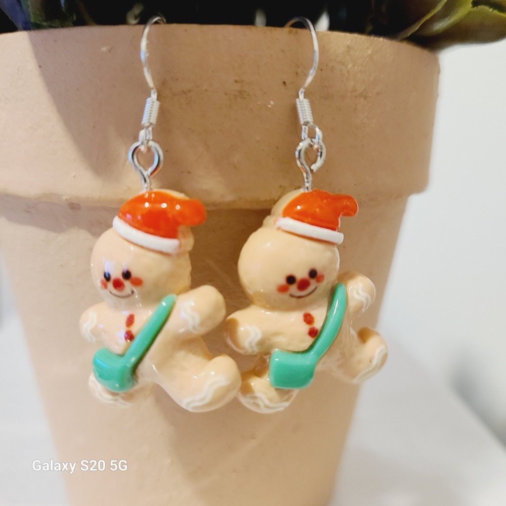 Handmade Cute Gingerbread Man Christmas Earrings Santa Hat Festive Holiday